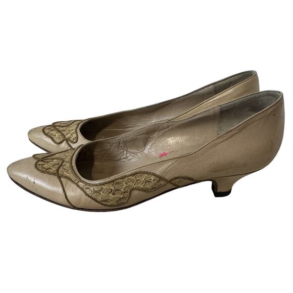 Bally Vintage Pumps Cream Leather Womens Shoes Size 7.5N Italy Snakeskin Blush - Picture 1 of 8